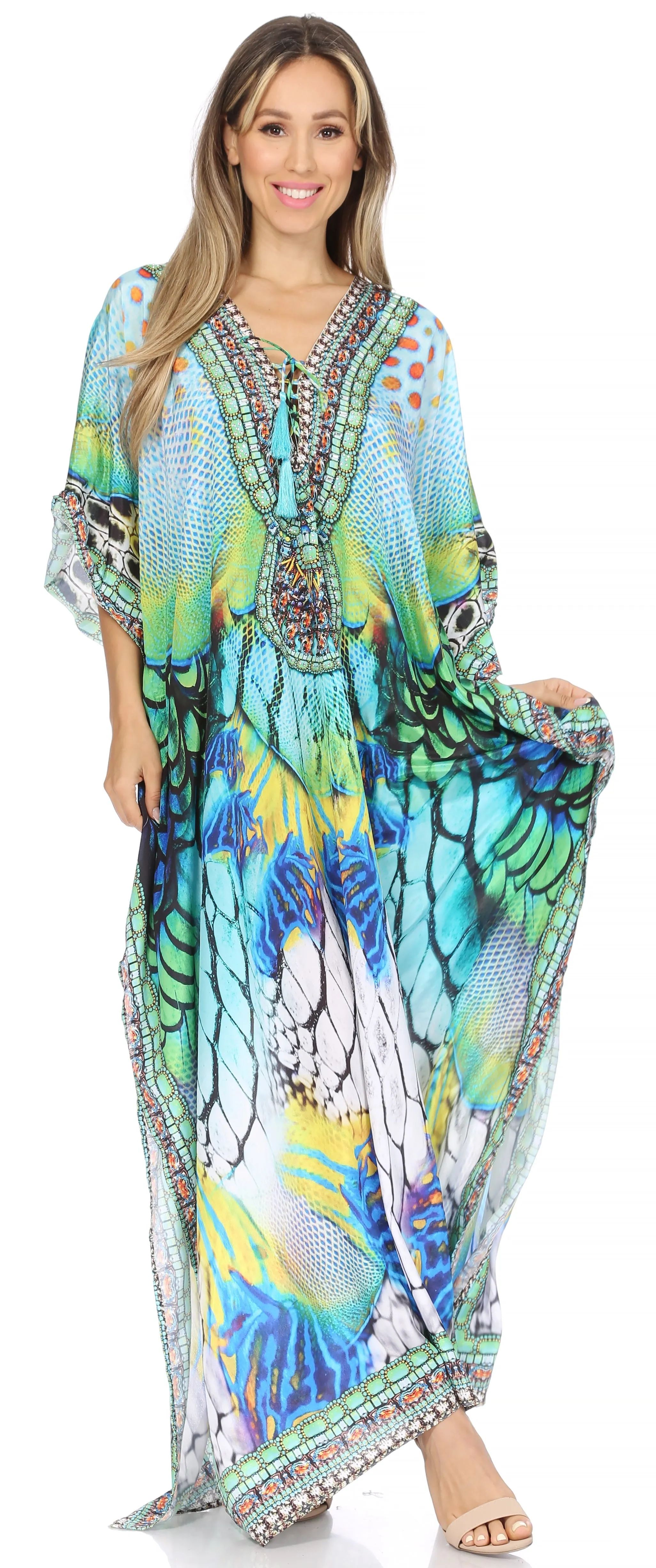 Sakkas Georgettina Flowy Rhinestone V Neck Long Caftan Dress/Cover Up