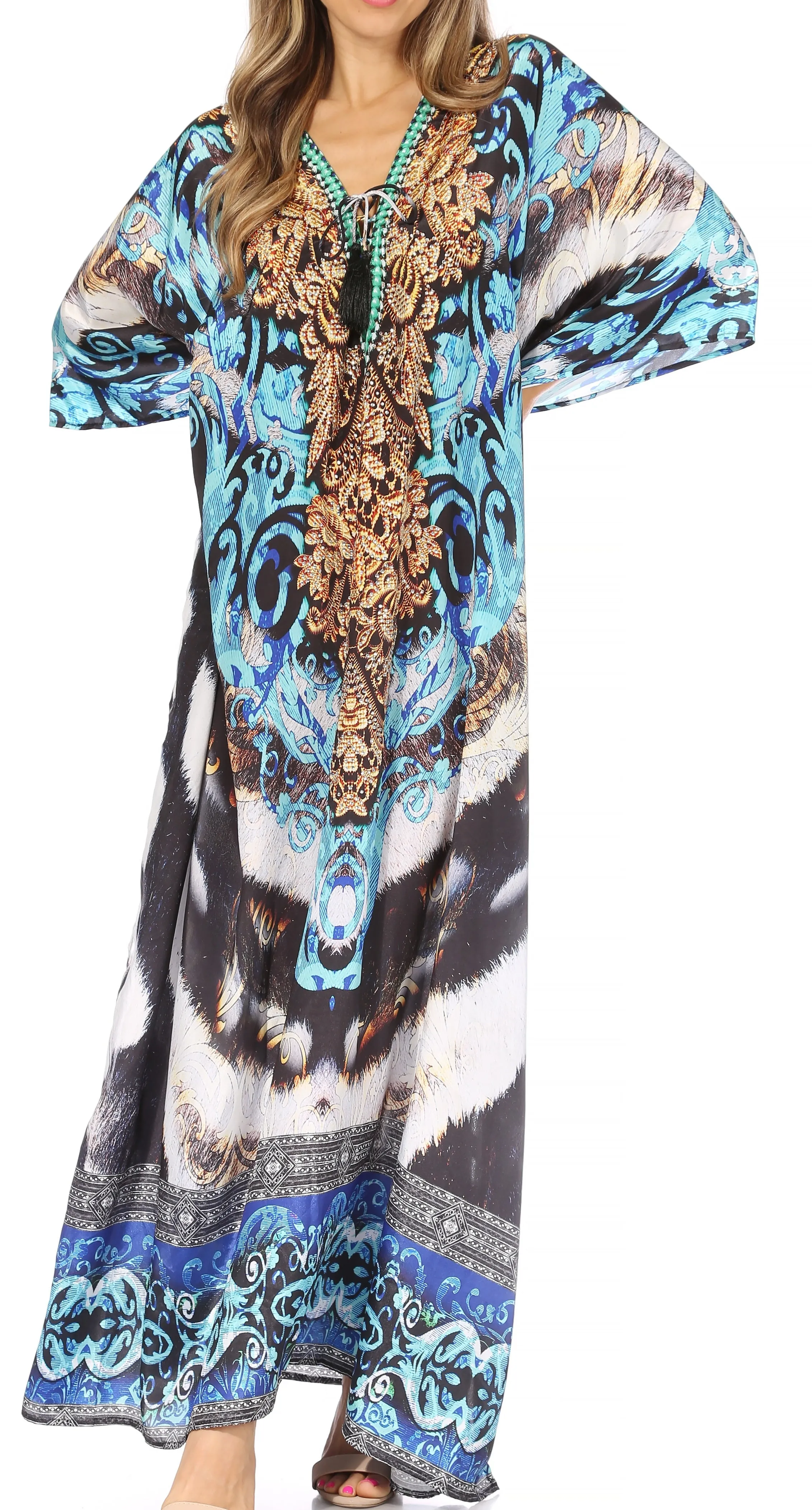 Sakkas Georgettina Flowy Rhinestone V Neck Long Caftan Dress/Cover Up