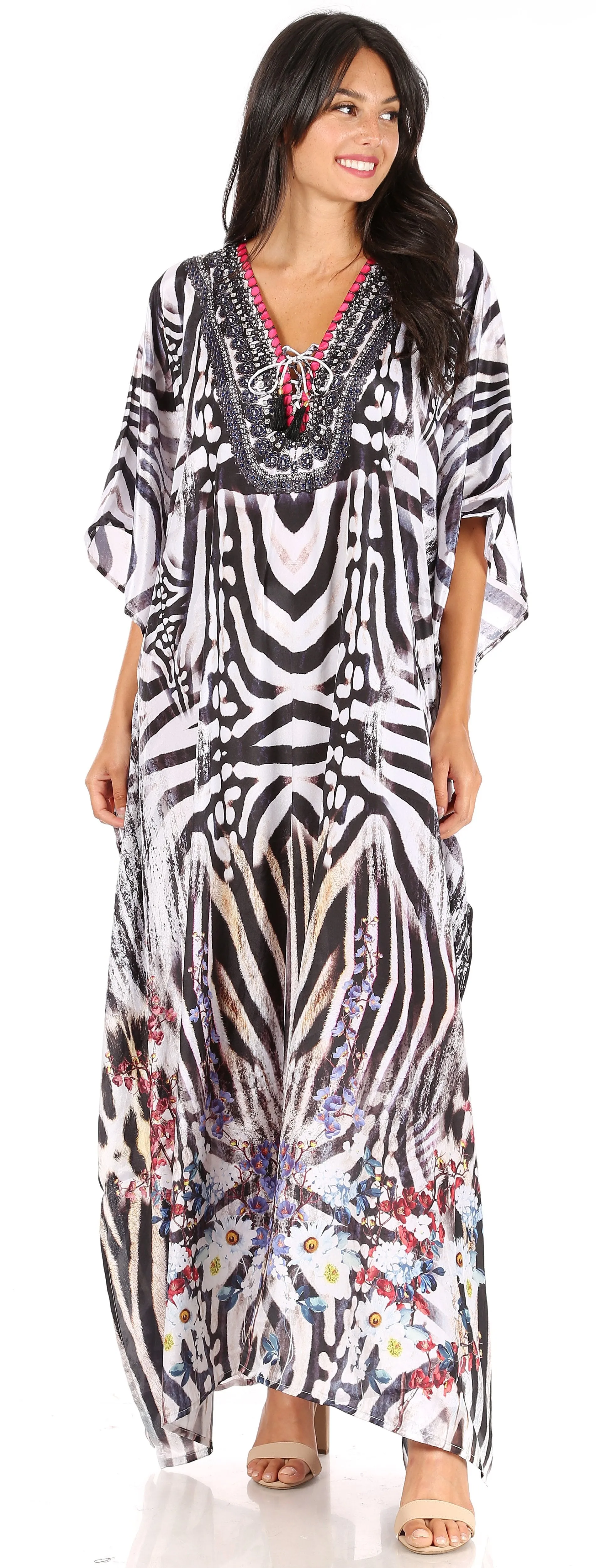 Sakkas Georgettina Flowy Rhinestone V Neck Long Caftan Dress/Cover Up