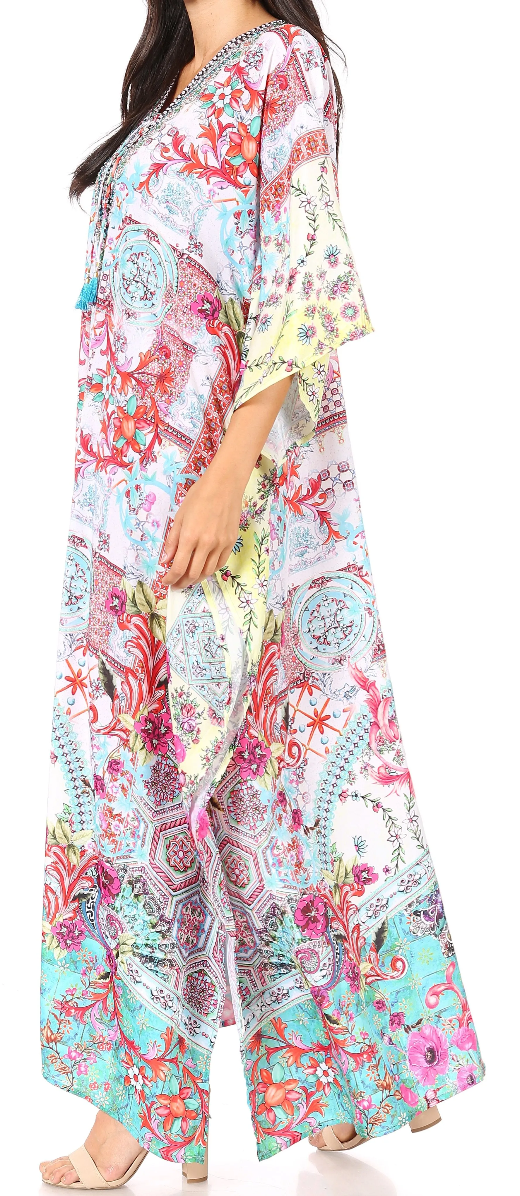 Sakkas Georgettina Flowy Rhinestone V Neck Long Caftan Dress/Cover Up