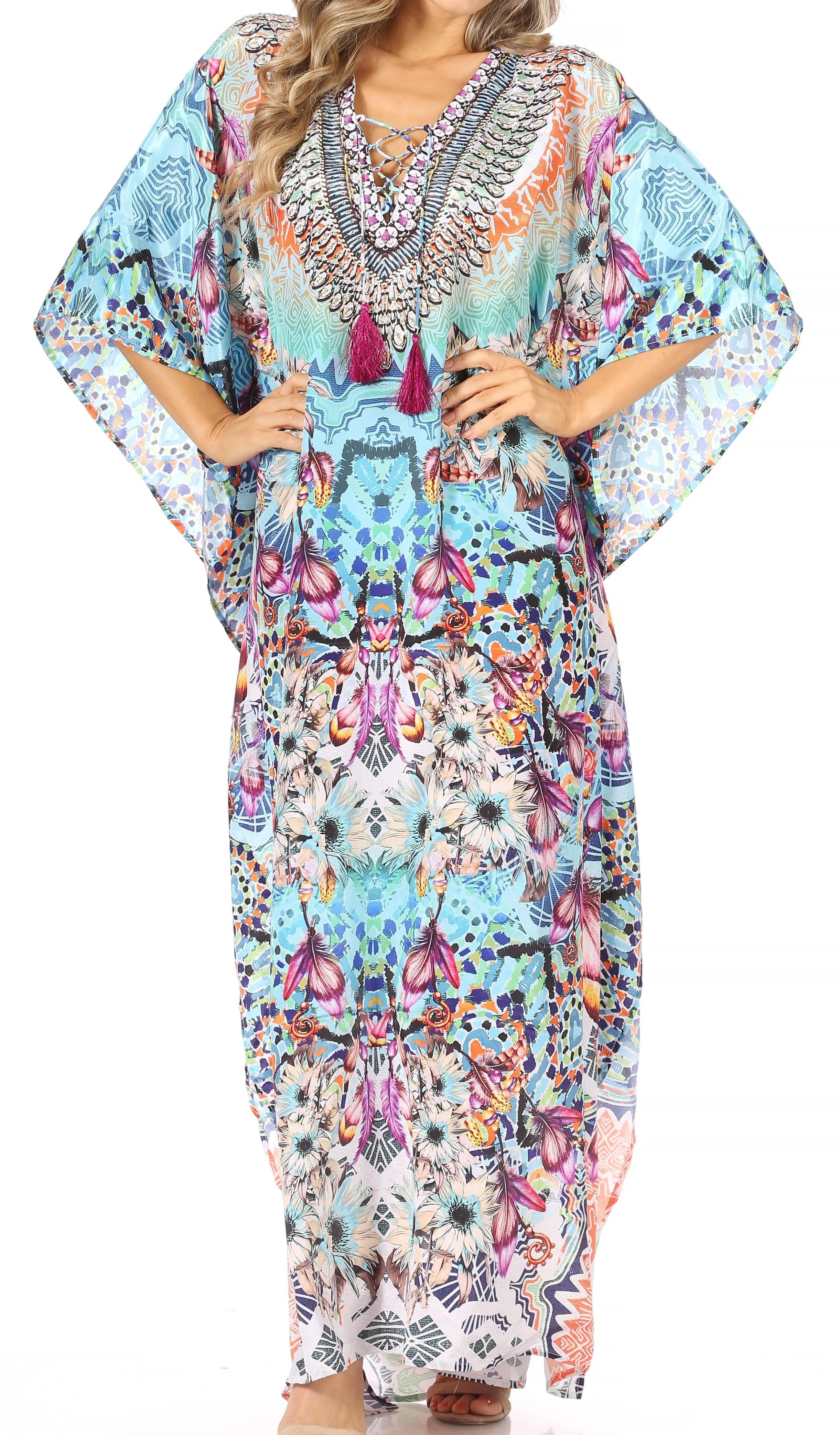 Sakkas Georgettina Flowy Rhinestone V Neck Long Caftan Dress/Cover Up