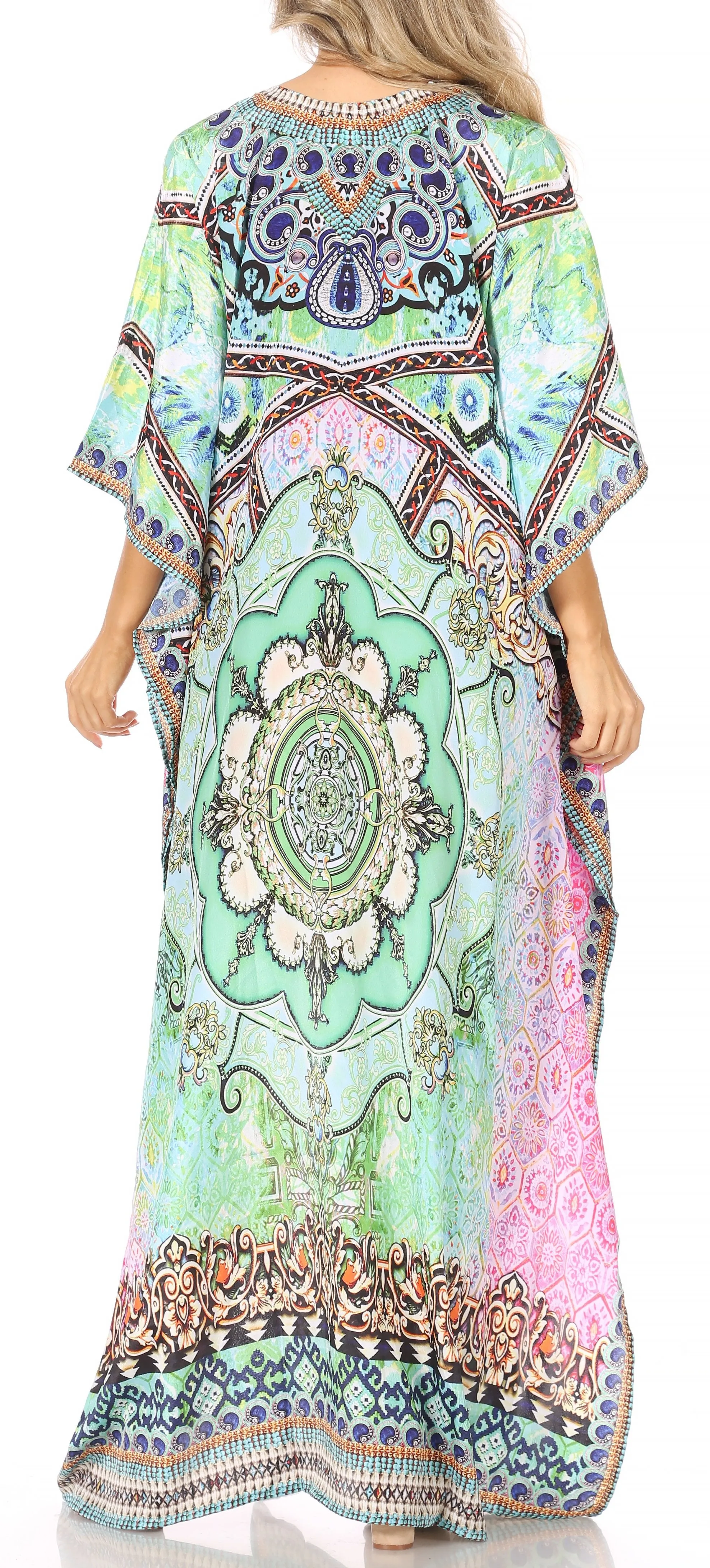 Sakkas Georgettina Flowy Rhinestone V Neck Long Caftan Dress/Cover Up