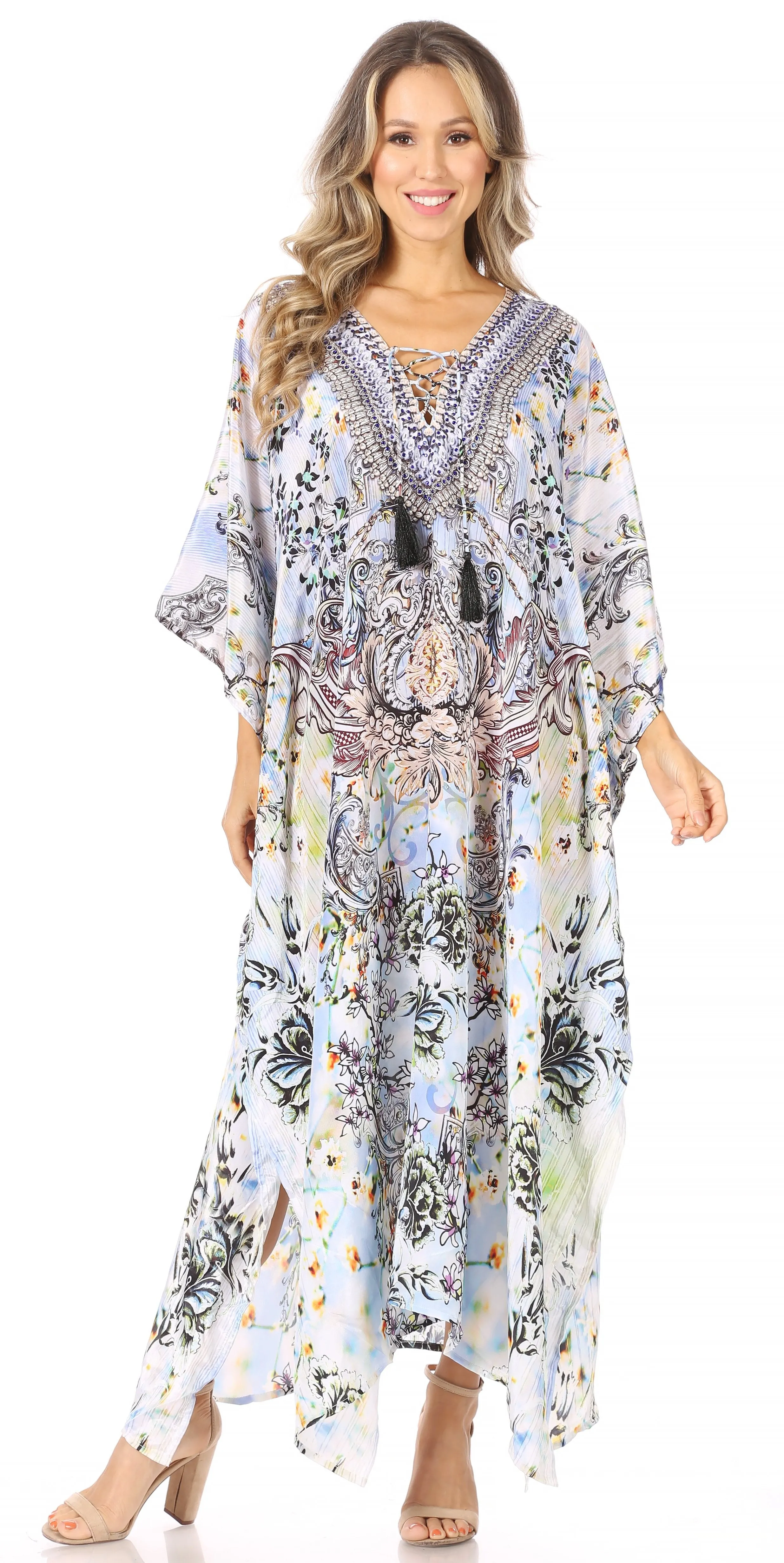 Sakkas Georgettina Flowy Rhinestone V Neck Long Caftan Dress/Cover Up