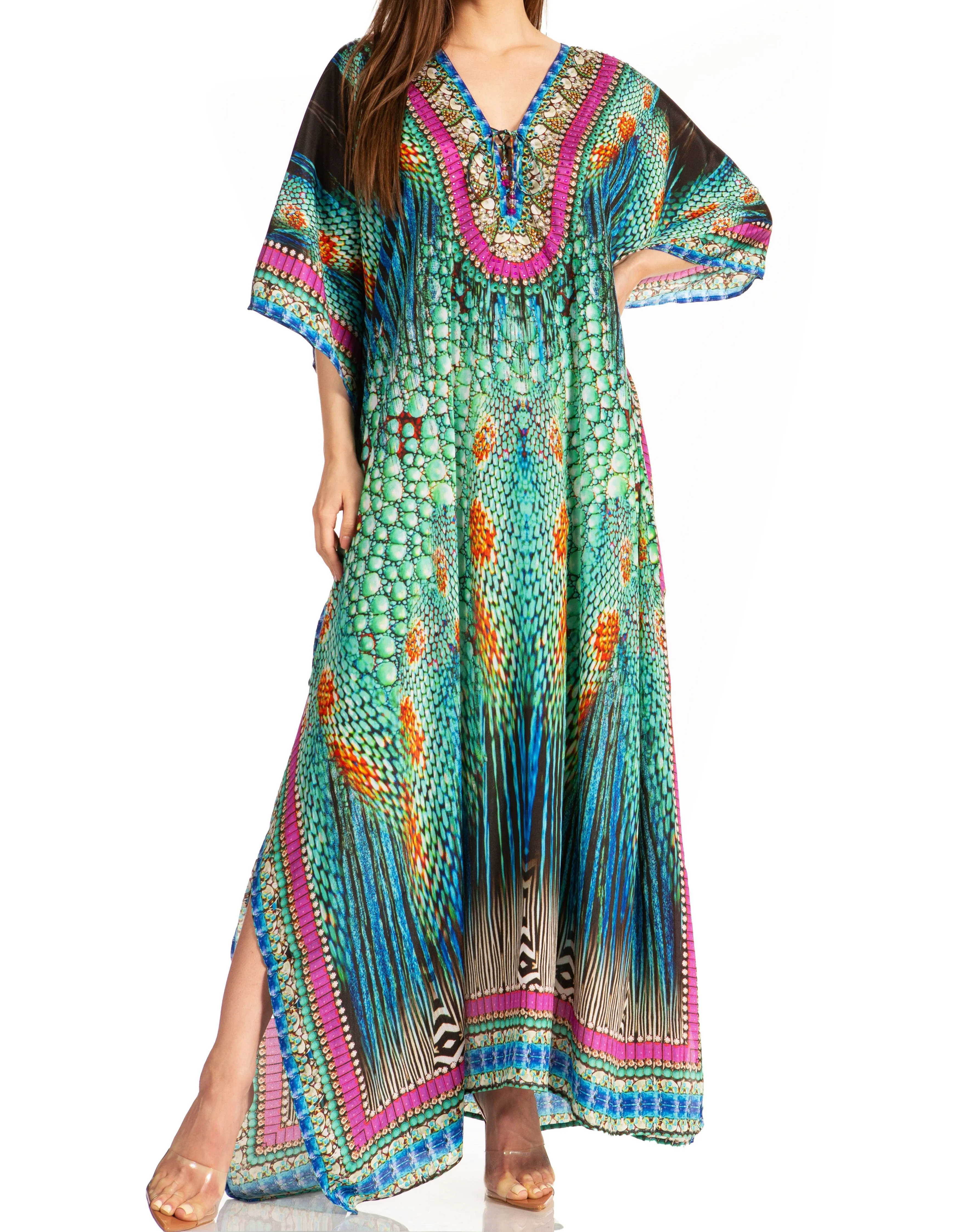 Sakkas Georgettina Flowy Rhinestone V Neck Long Caftan Dress/Cover Up