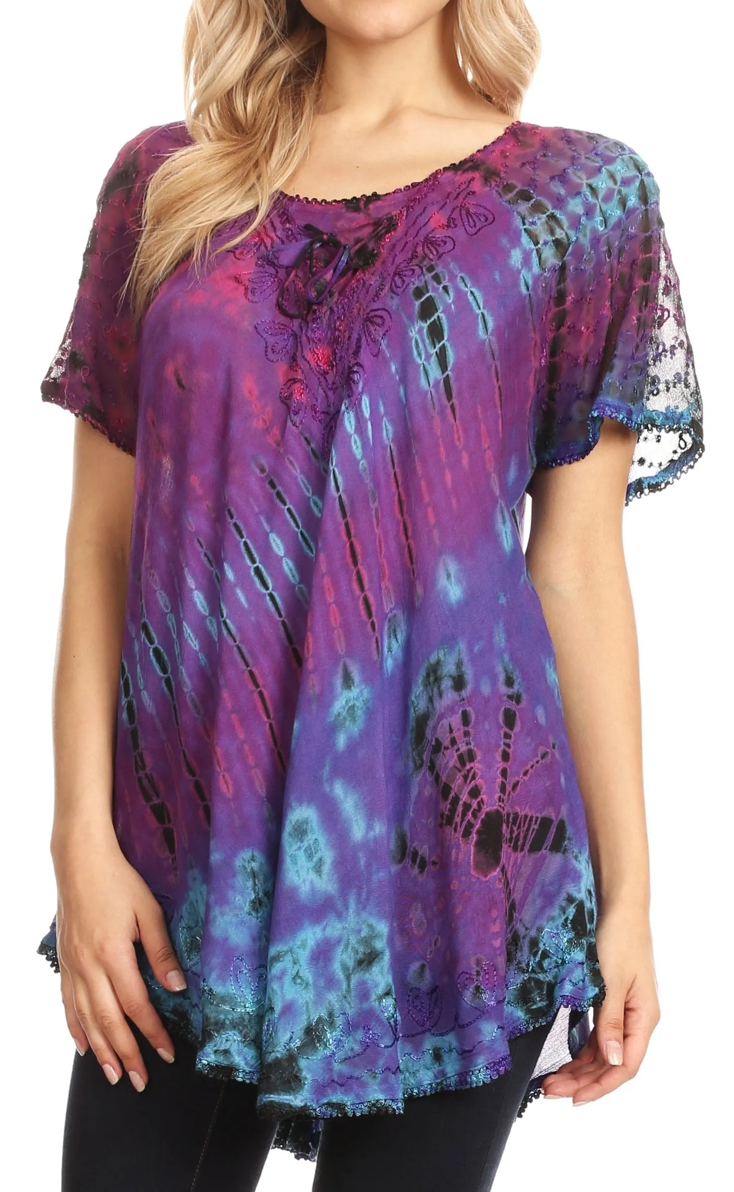 Sakkas Splenka Long Tie Dye Embroidered Corset Neck Cap Sleeve Blouse Shirt Top