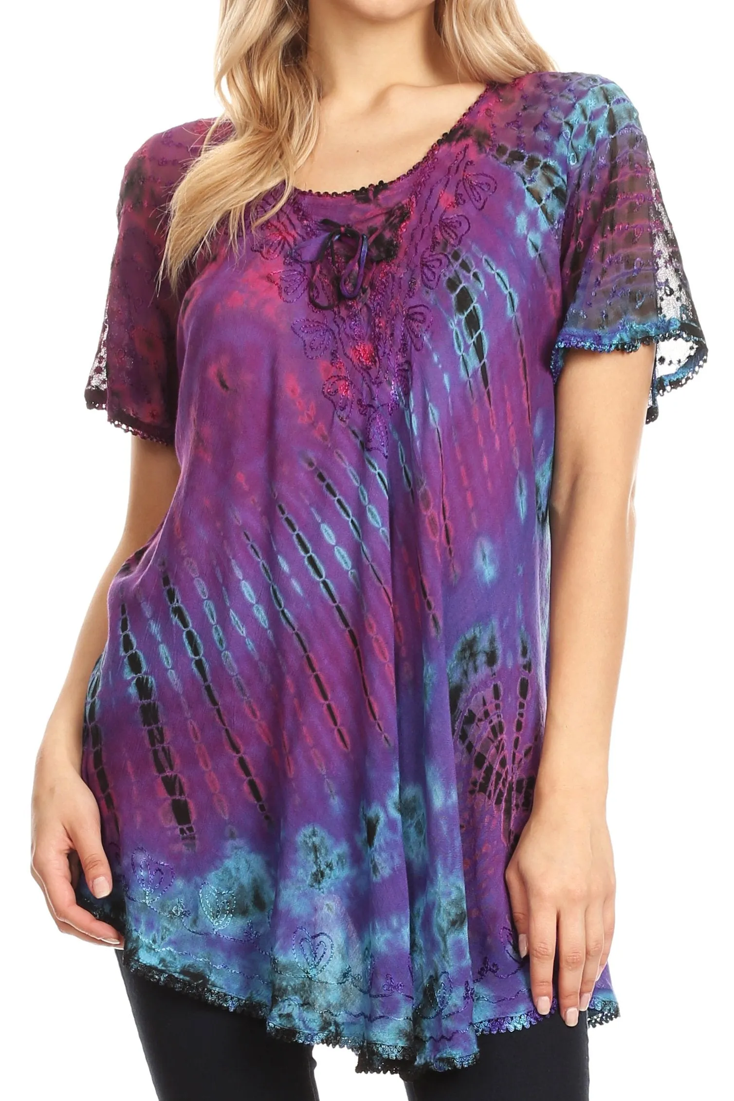 Sakkas Splenka Long Tie Dye Embroidered Corset Neck Cap Sleeve Blouse Shirt Top