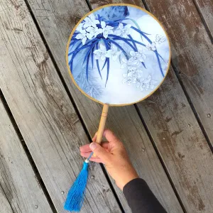 SALE - Elegant Round Silk Fan - butterflies and iris flowers