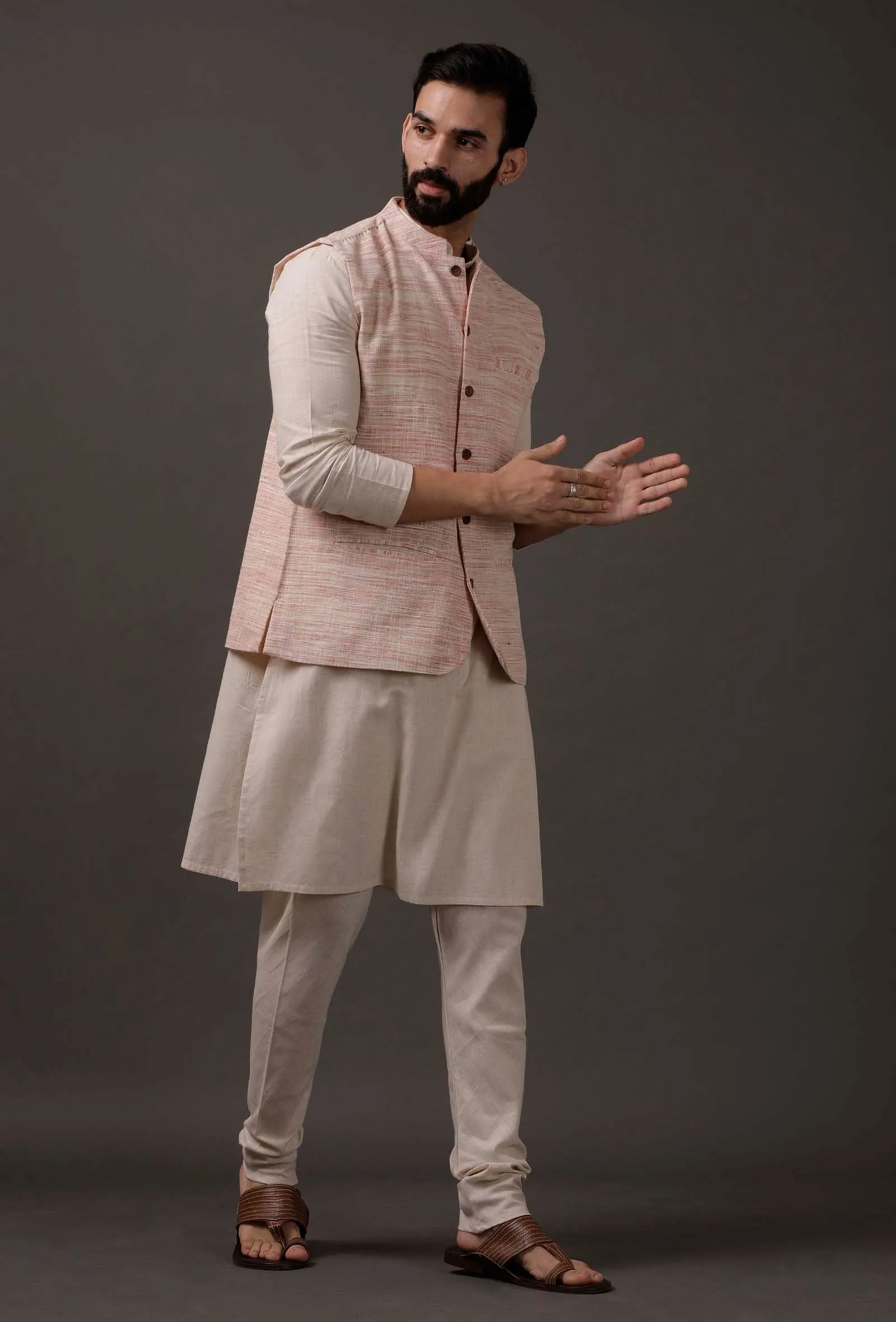 Set of 3: beige kurta pajama with pink waist coat