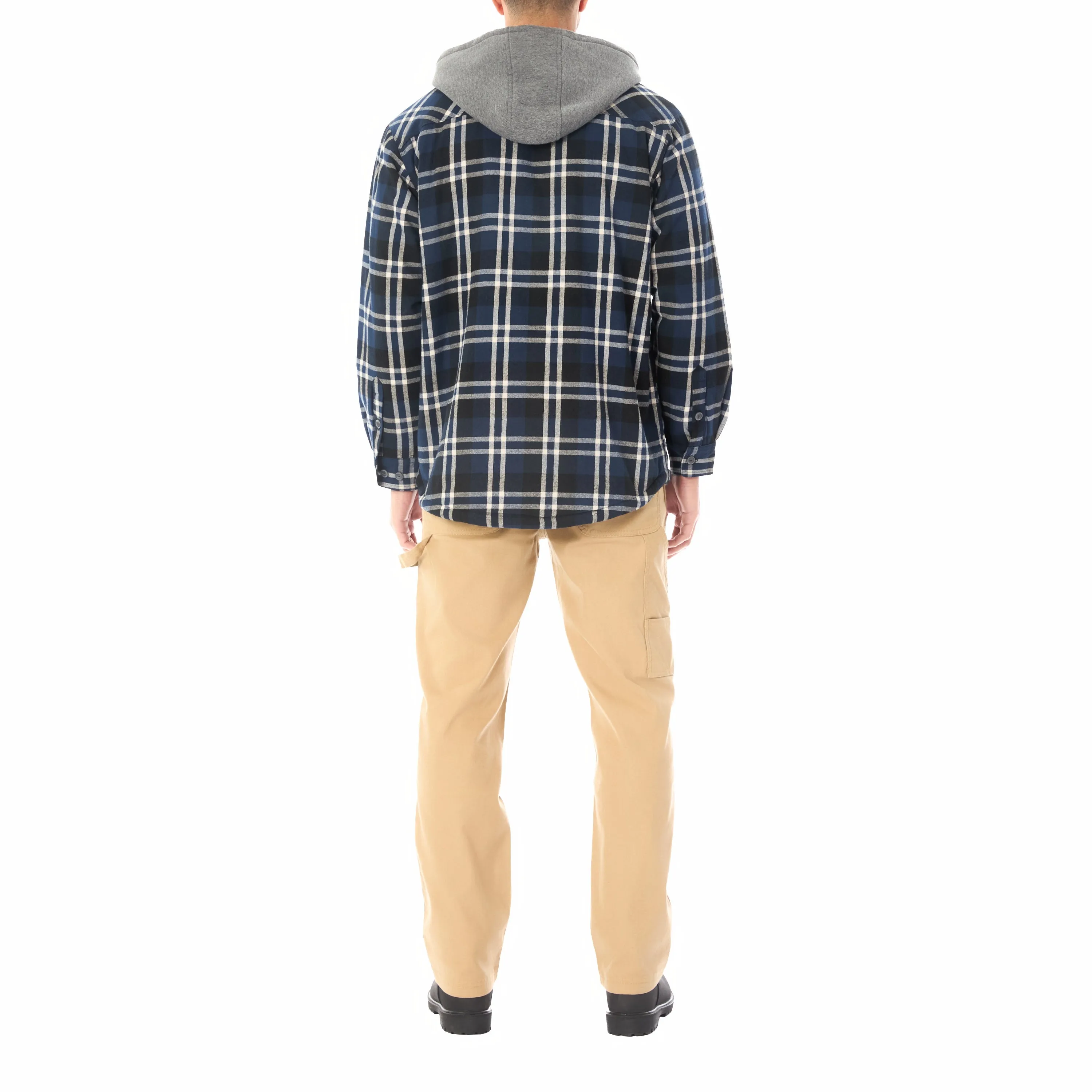 SHERPA LINED HOODED FLANNEL SHIRT JACKET WITH INSET