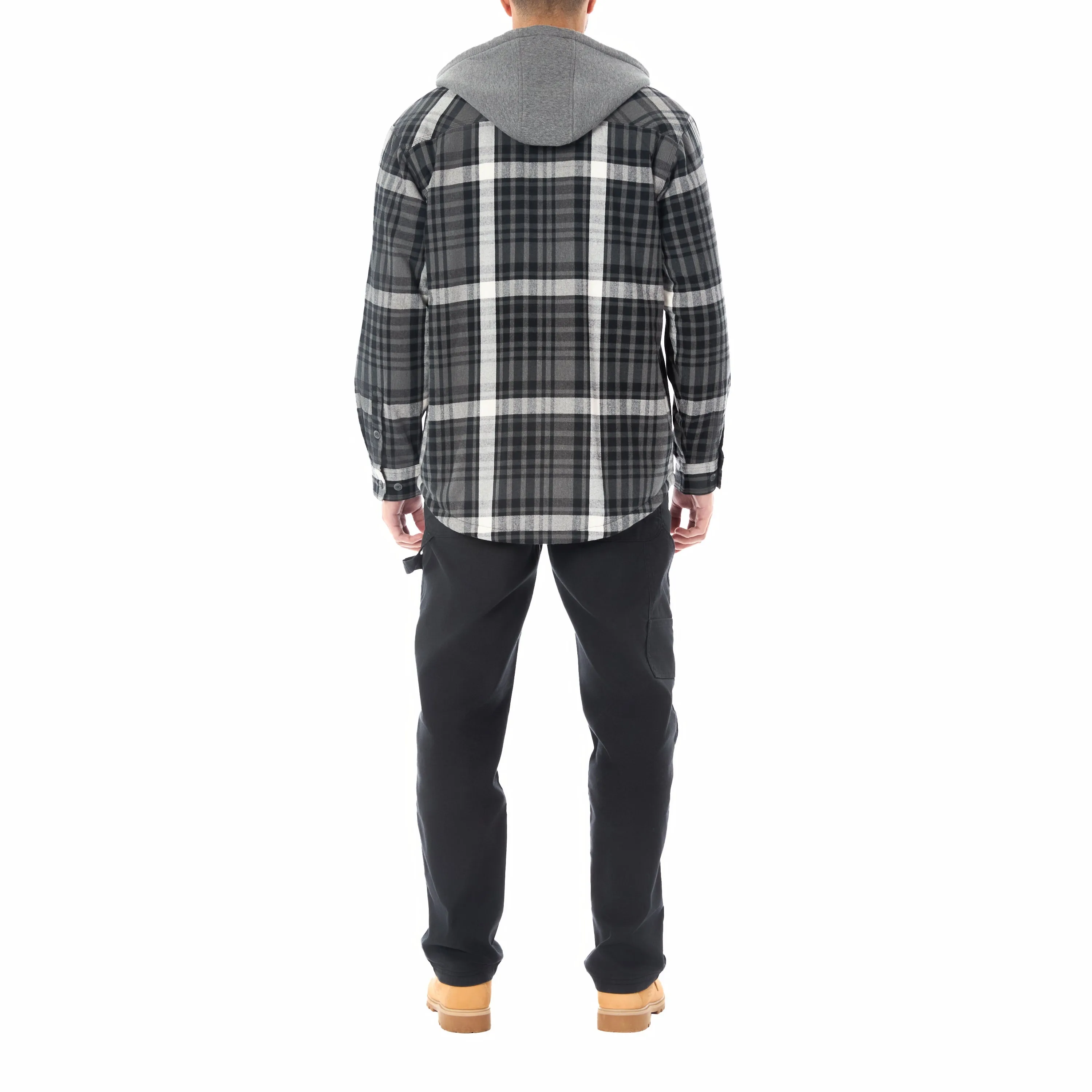 SHERPA LINED HOODED FLANNEL SHIRT JACKET WITH INSET