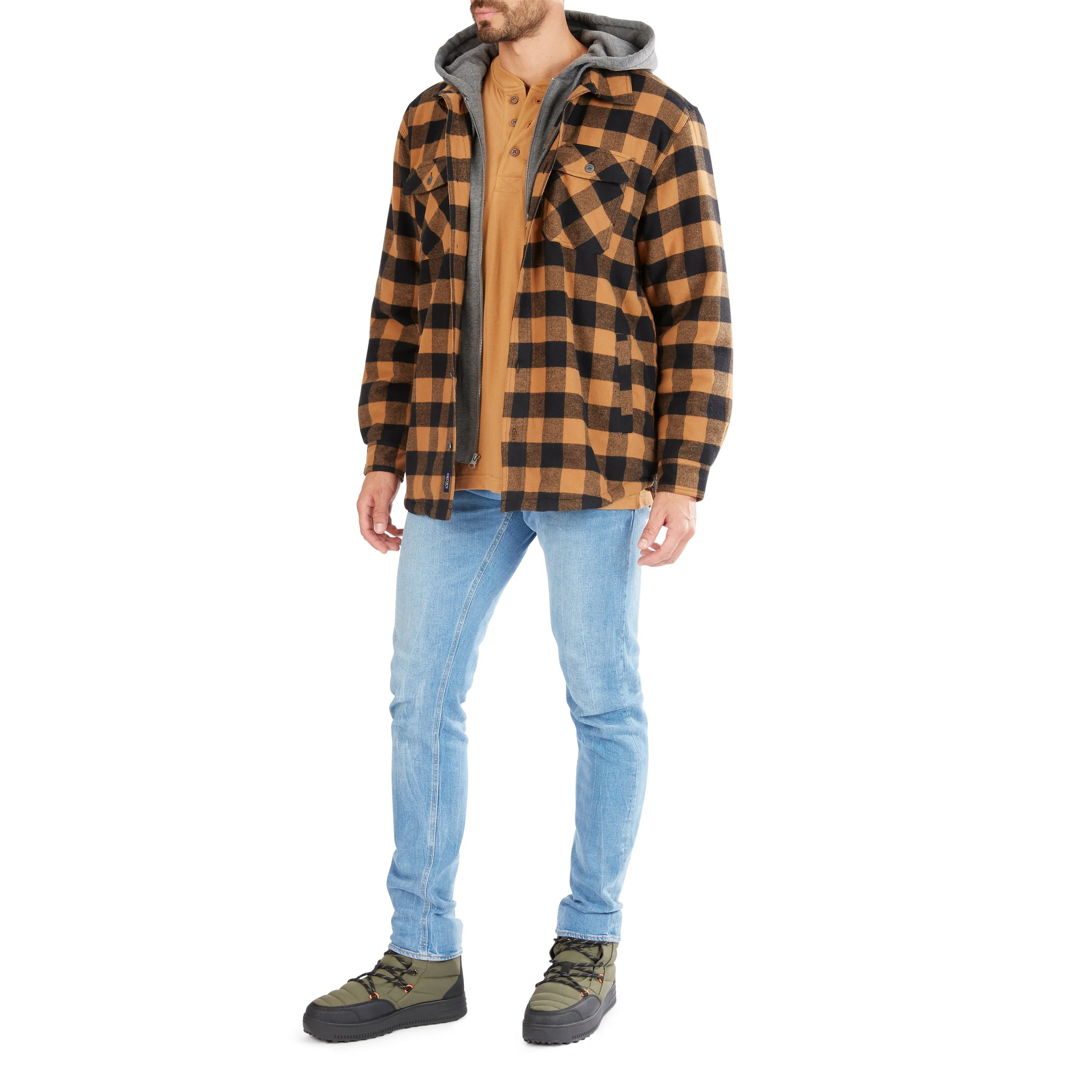 SHERPA-LINED HOODED FLANNEL SHIRT-JACKET