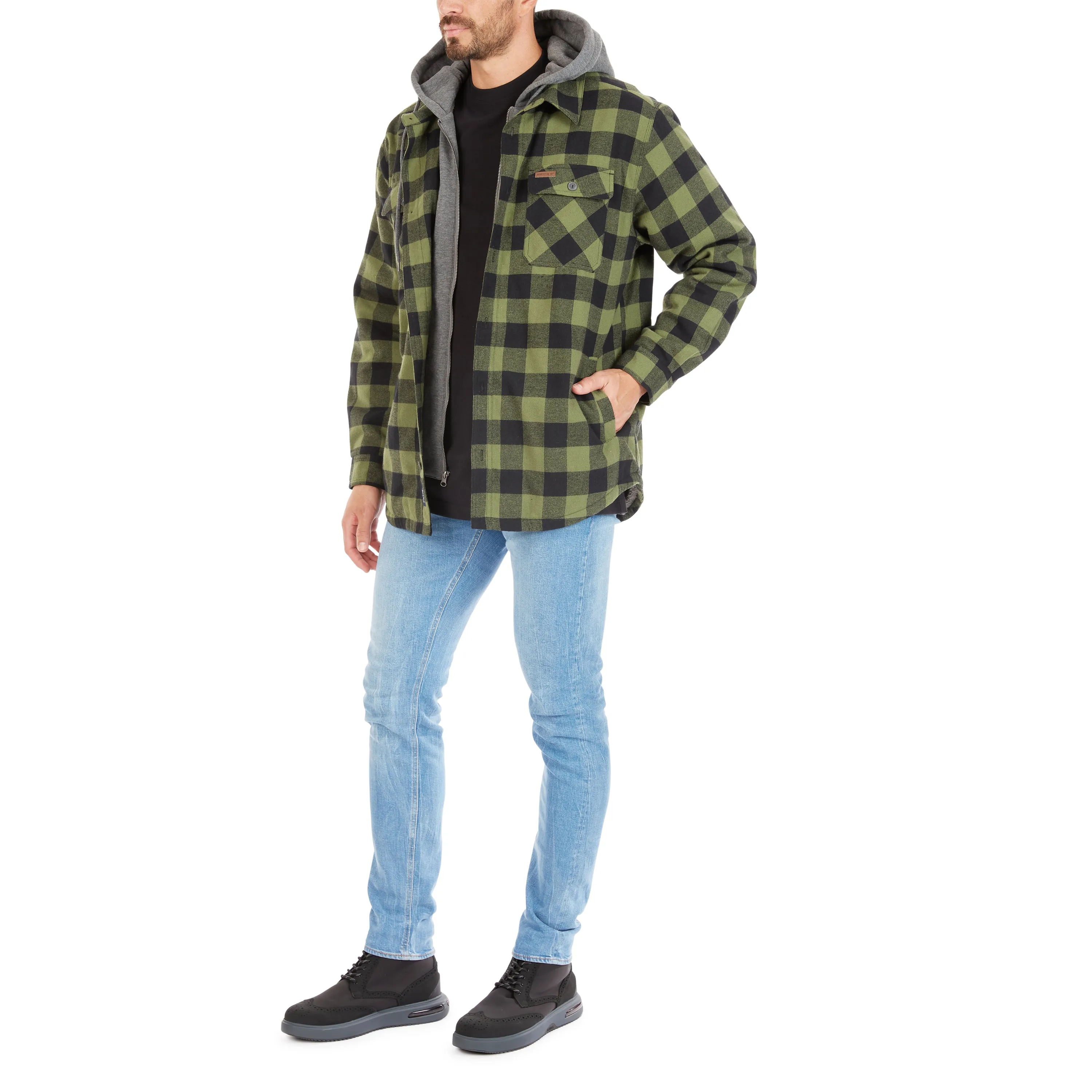 SHERPA-LINED HOODED FLANNEL SHIRT-JACKET