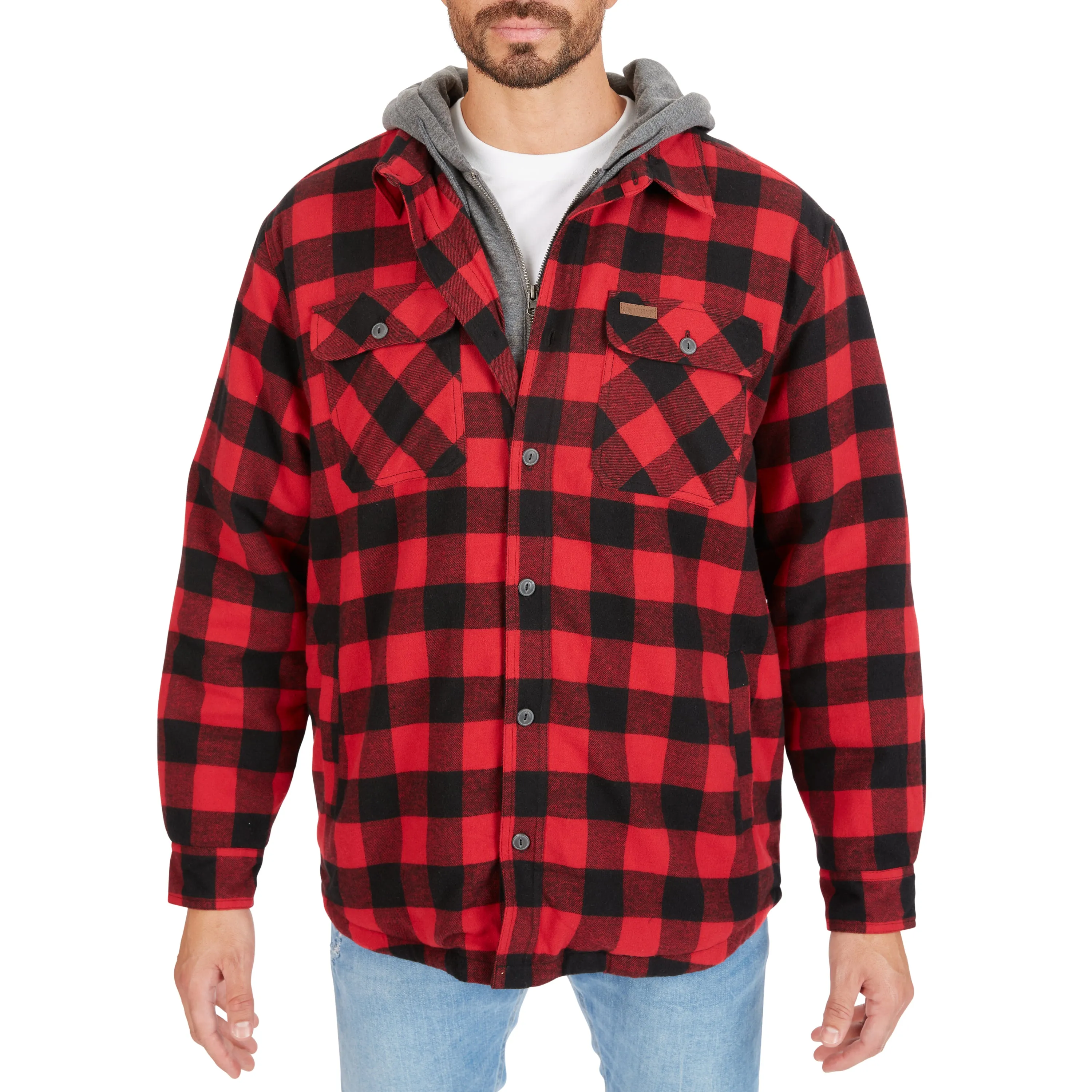 SHERPA-LINED HOODED FLANNEL SHIRT-JACKET