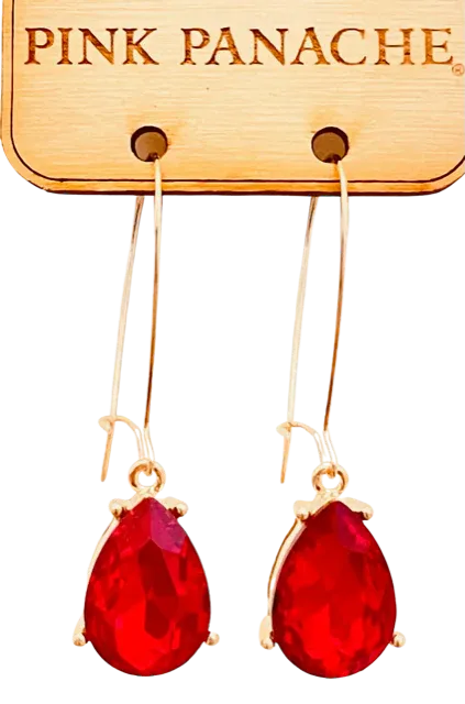 Small red pear shaped drop on gold kidney wire earring