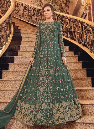 Spectacular Green Designer Net Jacket Anarkali Suit