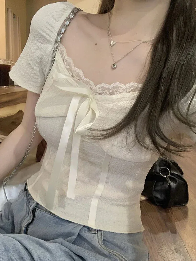 Sweet Lace Korean Kawaii Crop Tee Blouse for Women