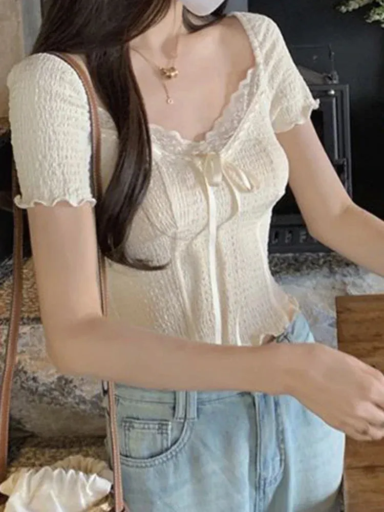 Sweet Lace Korean Kawaii Crop Tee Blouse for Women