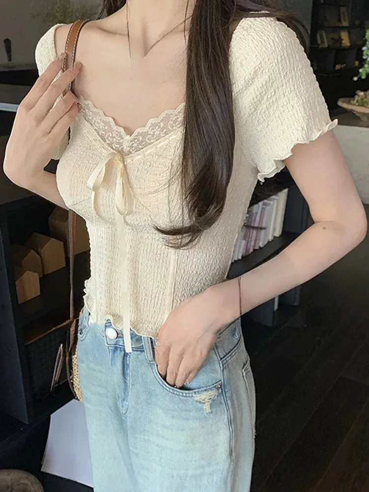 Sweet Lace Korean Kawaii Crop Tee Blouse for Women