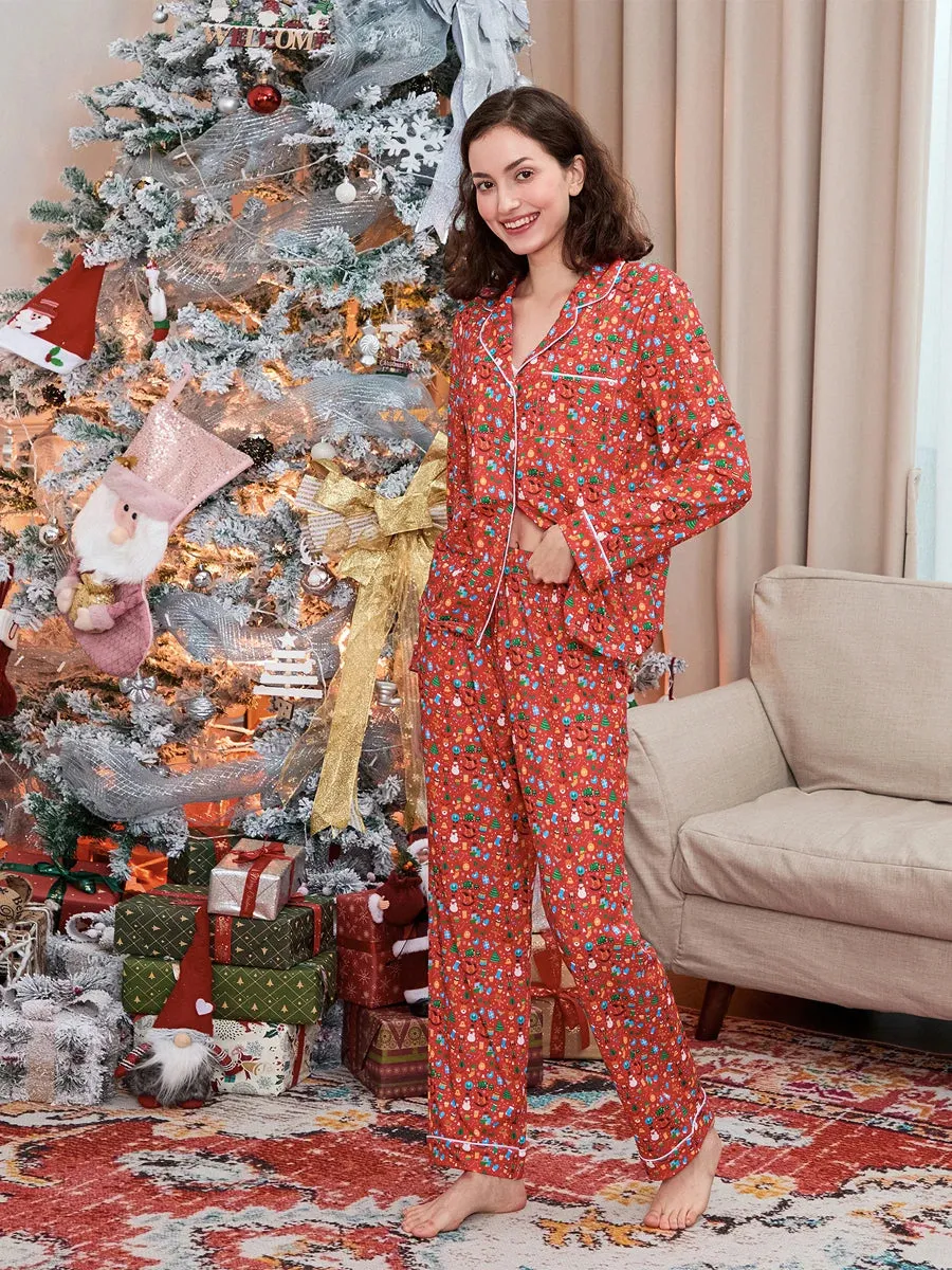 Toleet-Christmas Element Printed Long Sleeve Button Down Blouse Tops Elastic Waist Pants Lounge Outfits Women's Christmas Pajama Set