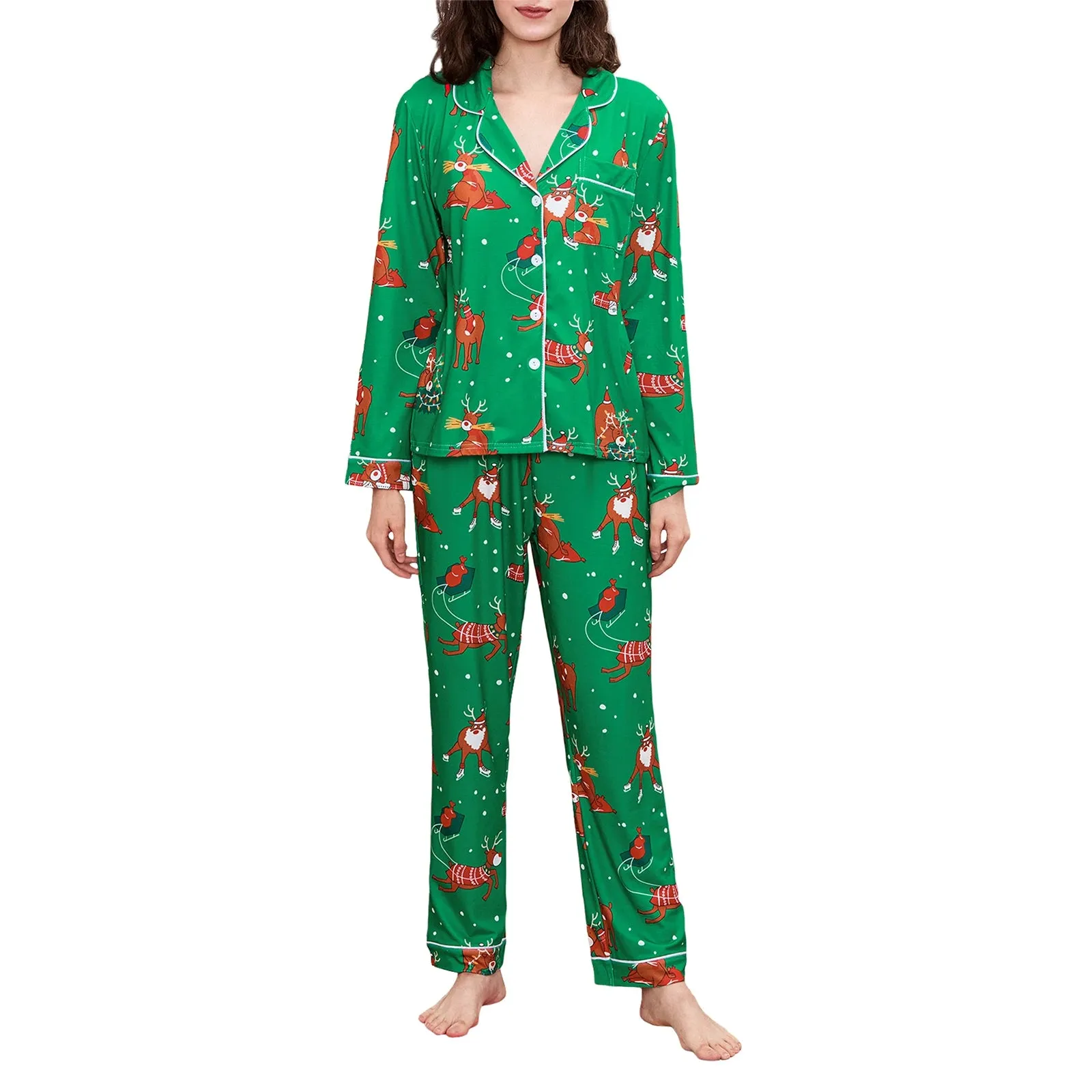 Toleet-Christmas Element Printed Long Sleeve Button Down Blouse Tops Elastic Waist Pants Lounge Outfits Women's Christmas Pajama Set