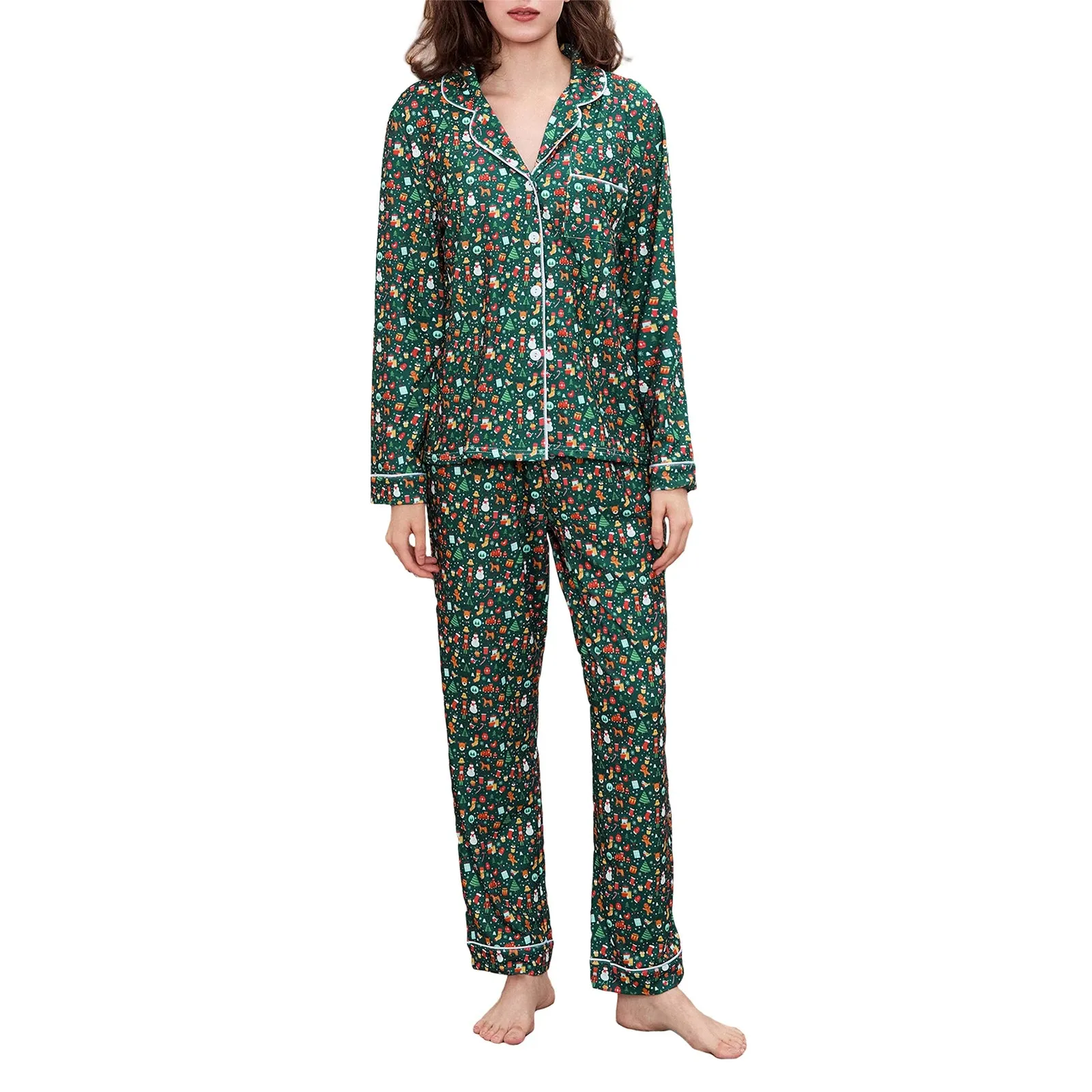 Toleet-Christmas Element Printed Long Sleeve Button Down Blouse Tops Elastic Waist Pants Lounge Outfits Women's Christmas Pajama Set