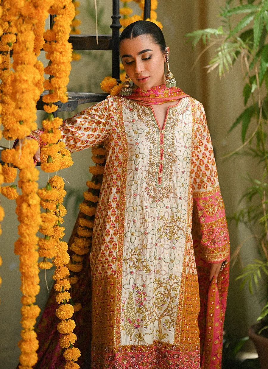 Twila Ivory hand worked kurta, Izaar, with block printed embellished dupatta