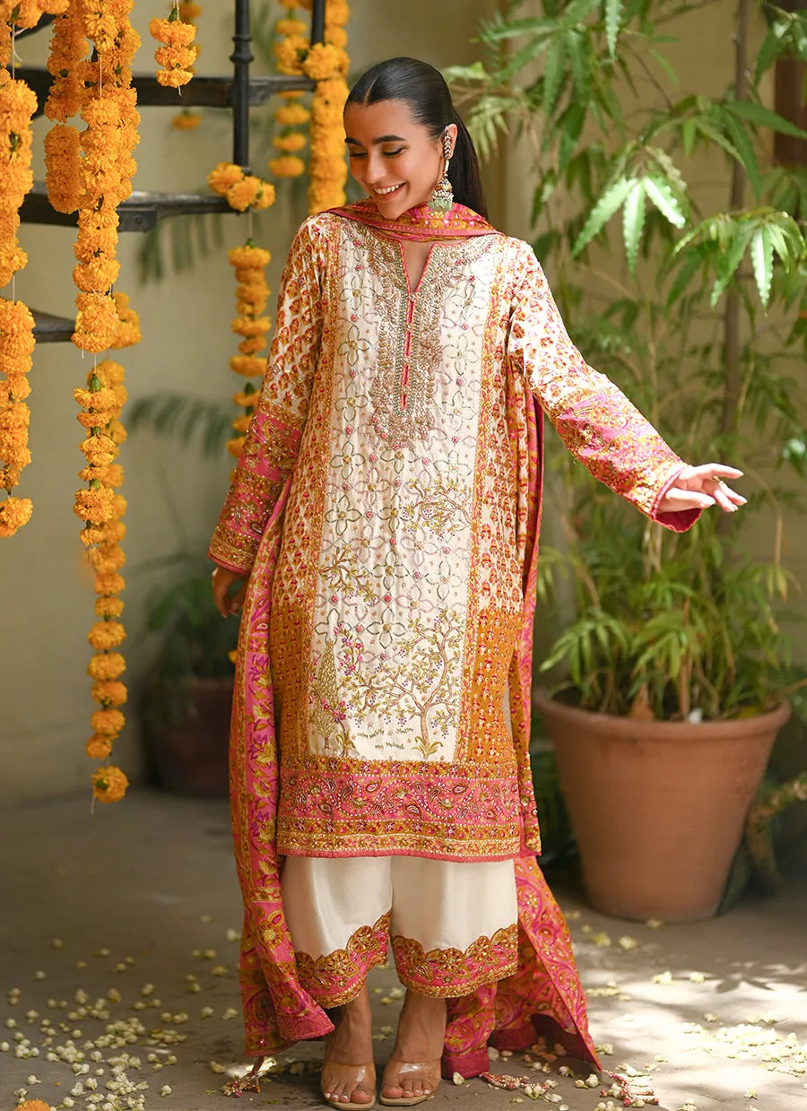 Twila Ivory hand worked kurta, Izaar, with block printed embellished dupatta