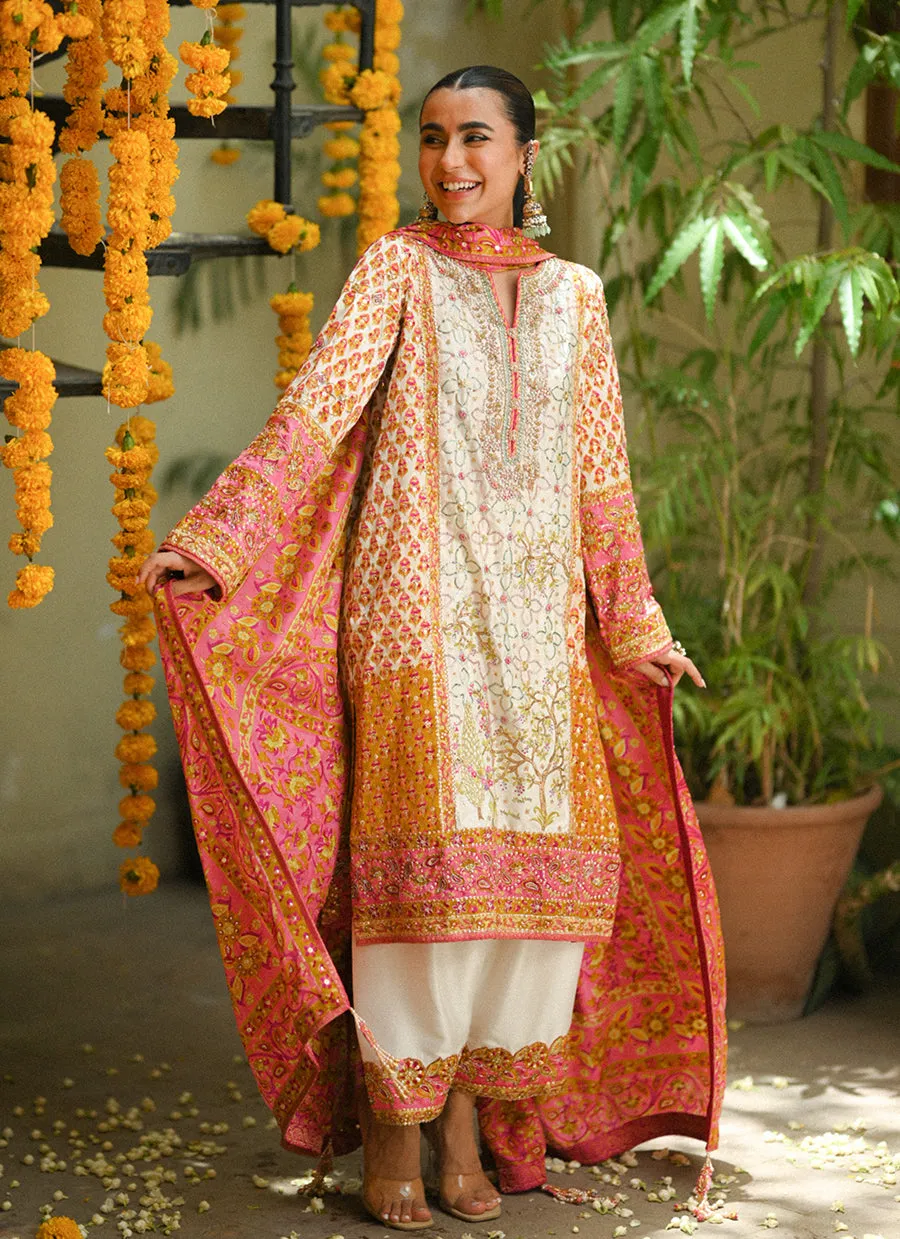 Twila Ivory hand worked kurta, Izaar, with block printed embellished dupatta