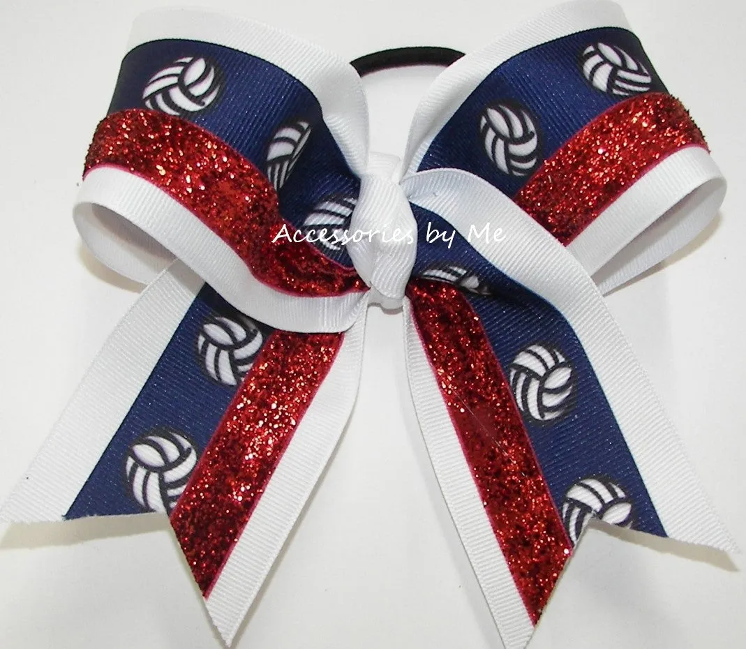 Volleyball Navy White Red Glitter Hair Bow