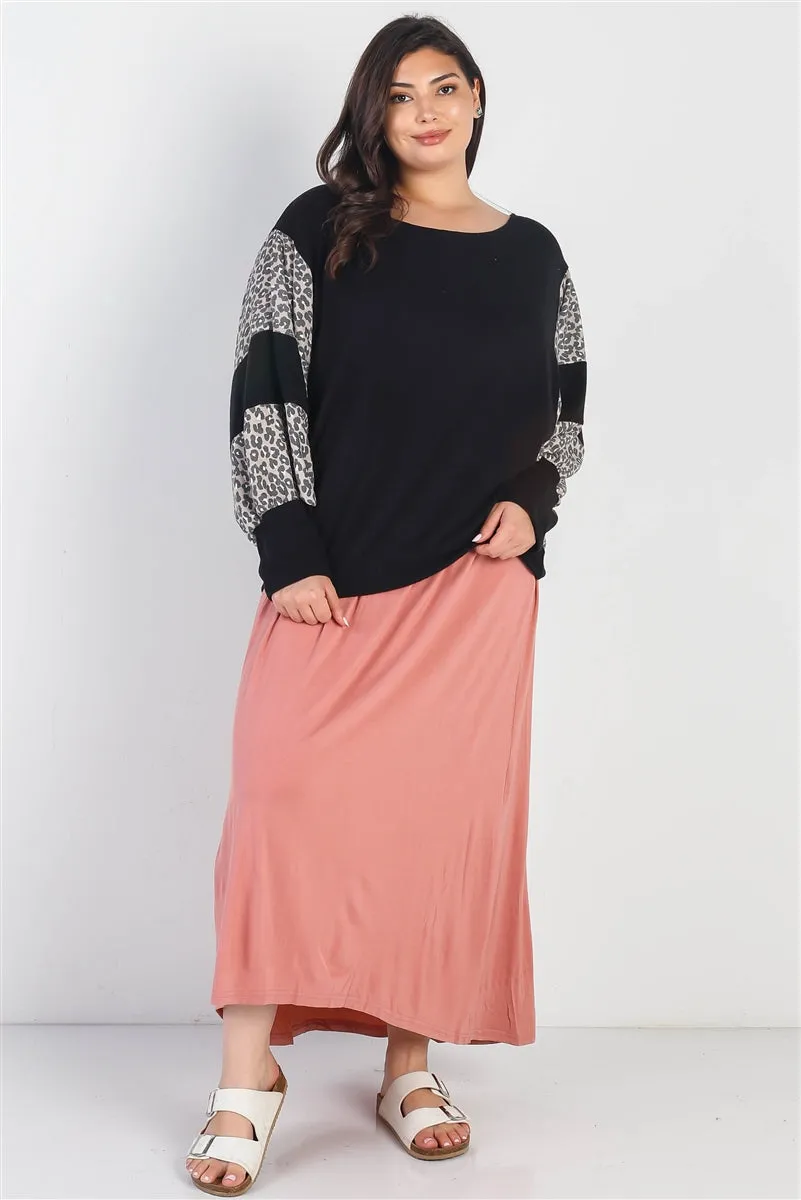 Voluptuous ( ) Plus Black Flannel Leopard Print Colorblock Dolman Sleeve Top