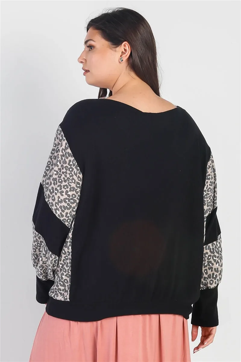 Voluptuous ( ) Plus Black Flannel Leopard Print Colorblock Dolman Sleeve Top