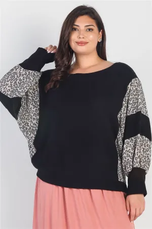 Voluptuous ( ) Plus Black Flannel Leopard Print Colorblock Dolman Sleeve Top