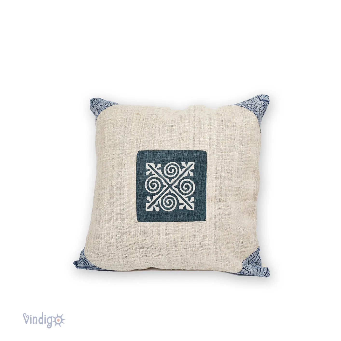 White Hemp Cushion Cover, beeswax batik corner, white hand-embroidered patch