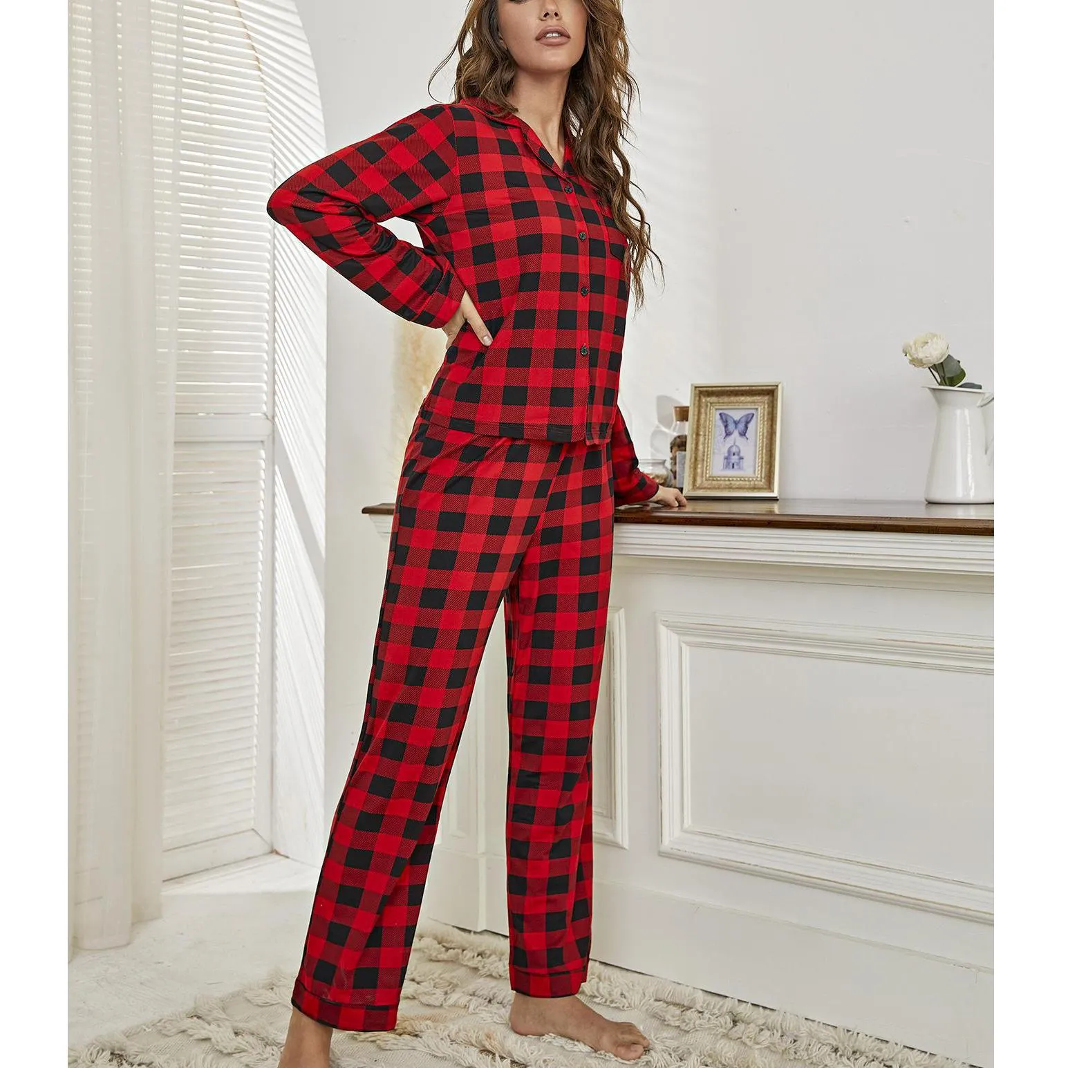 Women's Pajama Set Buffalo Plaid Long Sleeve Revere Collar Button Up Shirt and Pants 2 Piece PJ Lounge Sleep Suit Nightwear Sleepwear