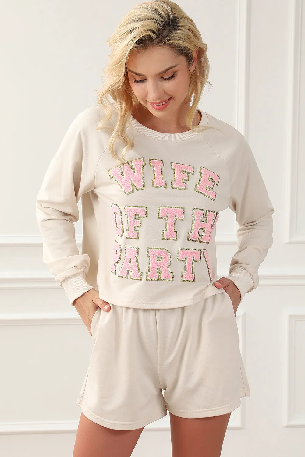 Womens Pajamas with Slogan | Apricot Letter Print Long Sleeve Top and Shorts Lounge Outfit