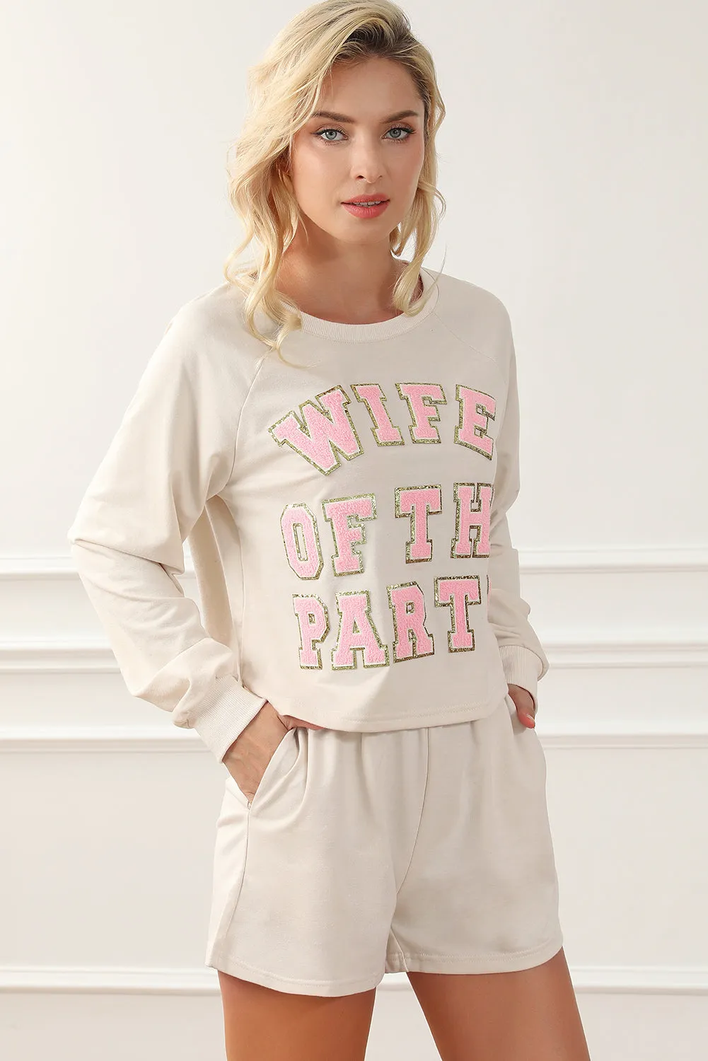 Womens Pajamas with Slogan | Apricot Letter Print Long Sleeve Top and Shorts Lounge Outfit