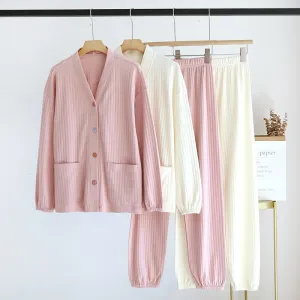 Women's Pit Stripe Cotton Pajamas Comfortable Long-sleeved V-neck Spring Autumn Loose Solid Color Cardigan Homewear Suit